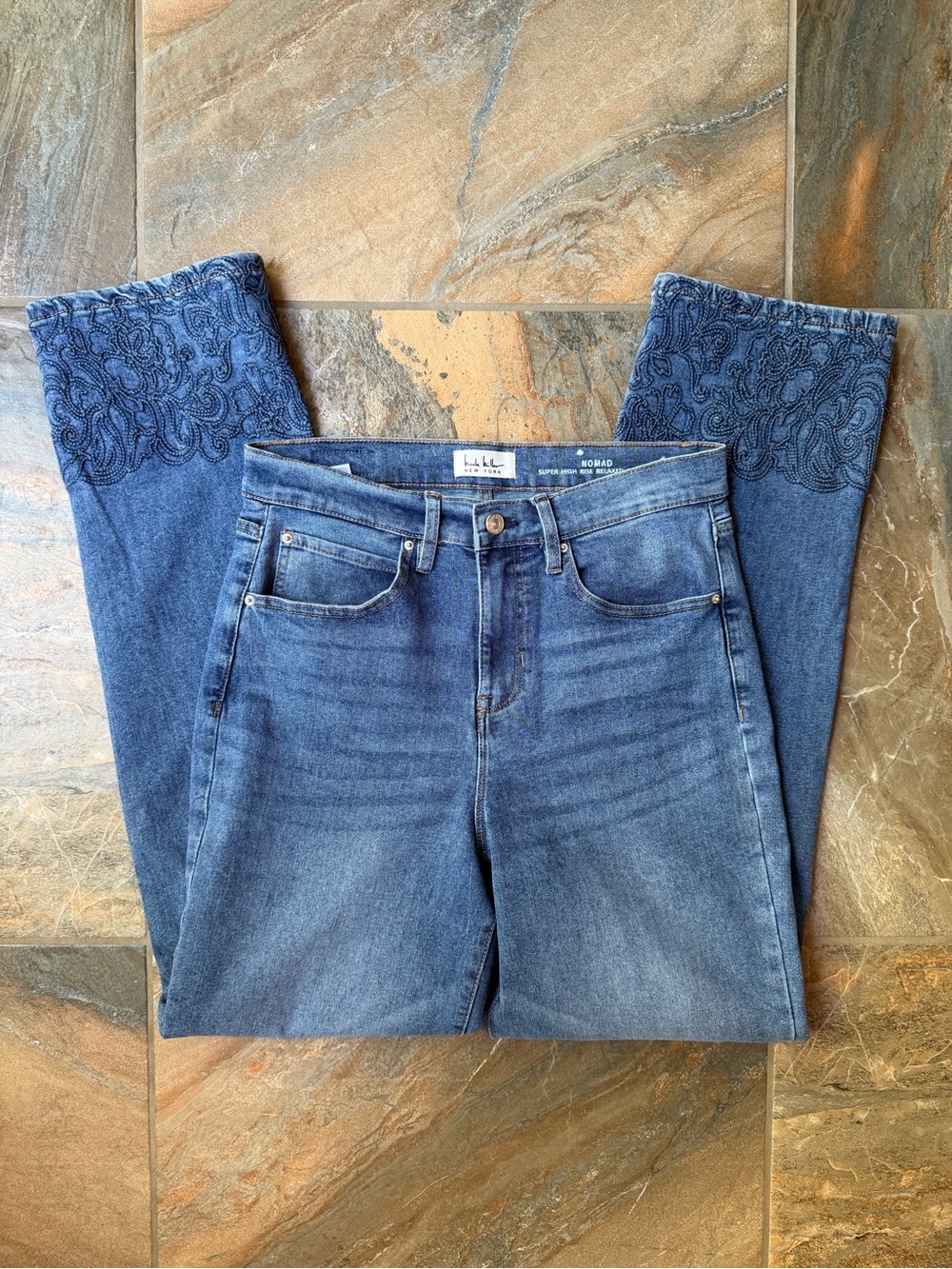 Nicole Miller Nomad Jeans Super High Rise Relaxed Straight Embroidered Hem 8